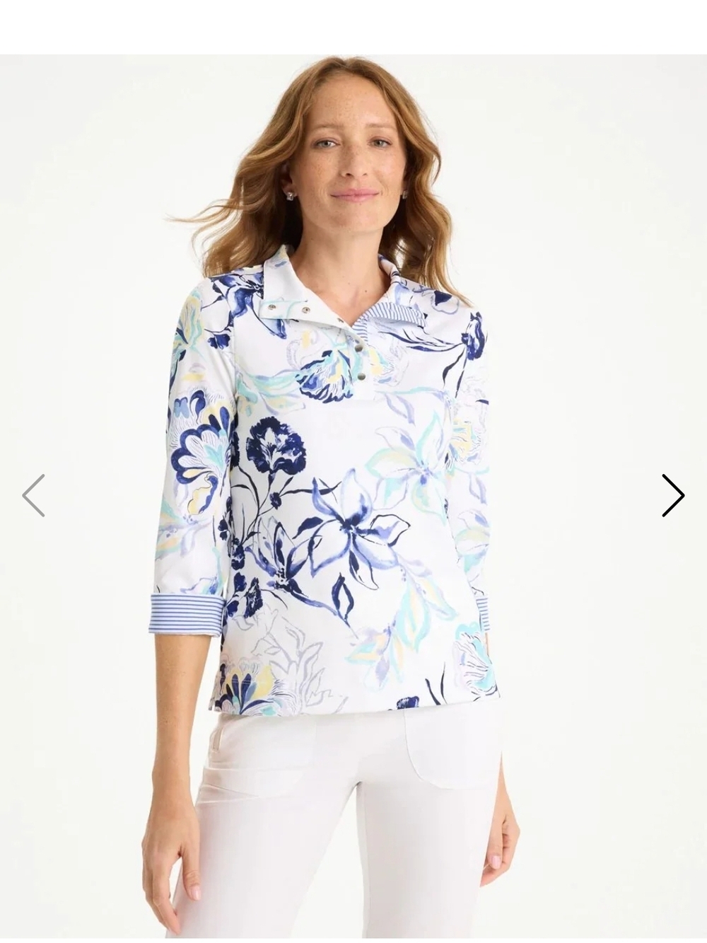 Zynergy UV Blocking Floral Cotton-Blend Polo Top in White and Blue Floral NWOT